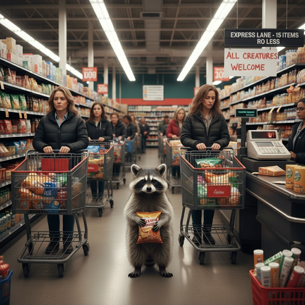 Mr. Raccoon Guy just wanted to buy a pack of chips, but there are only two open registries and the supermarket is full :(